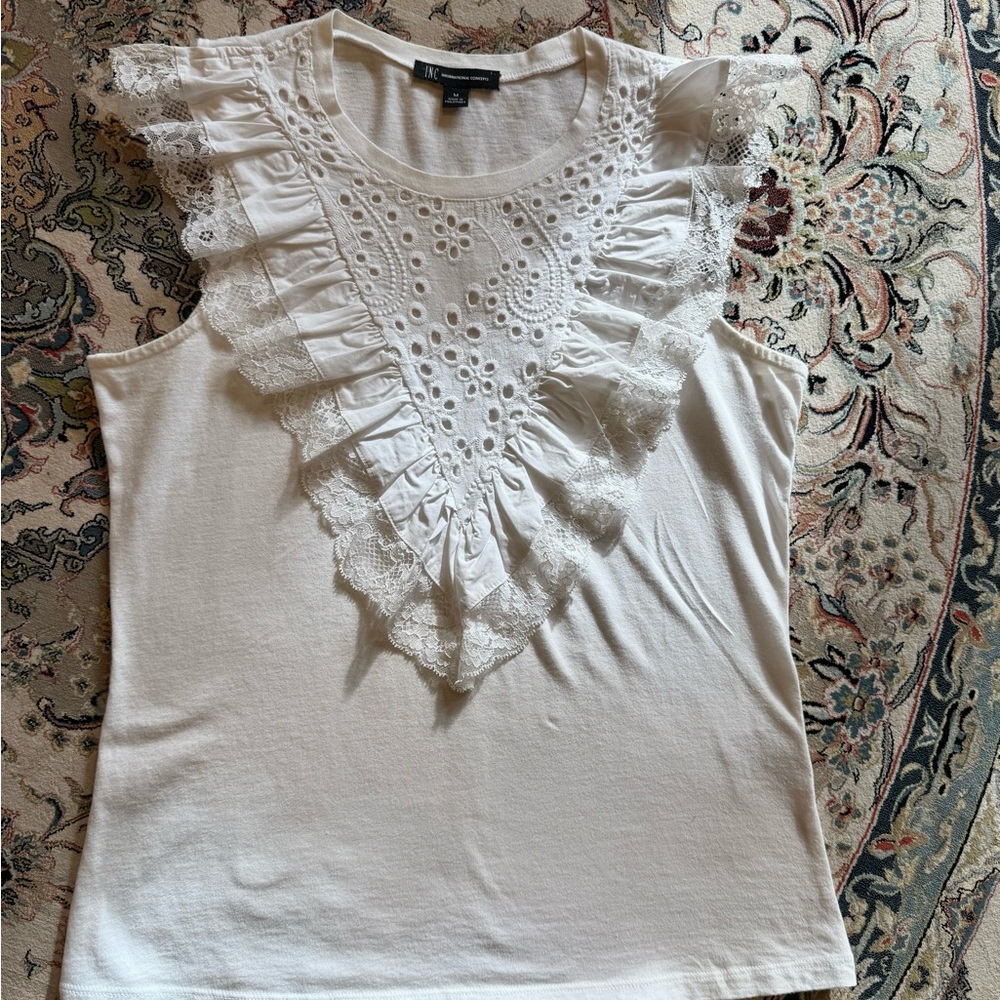 INC International Concepts White Ruffle Lace Blouse